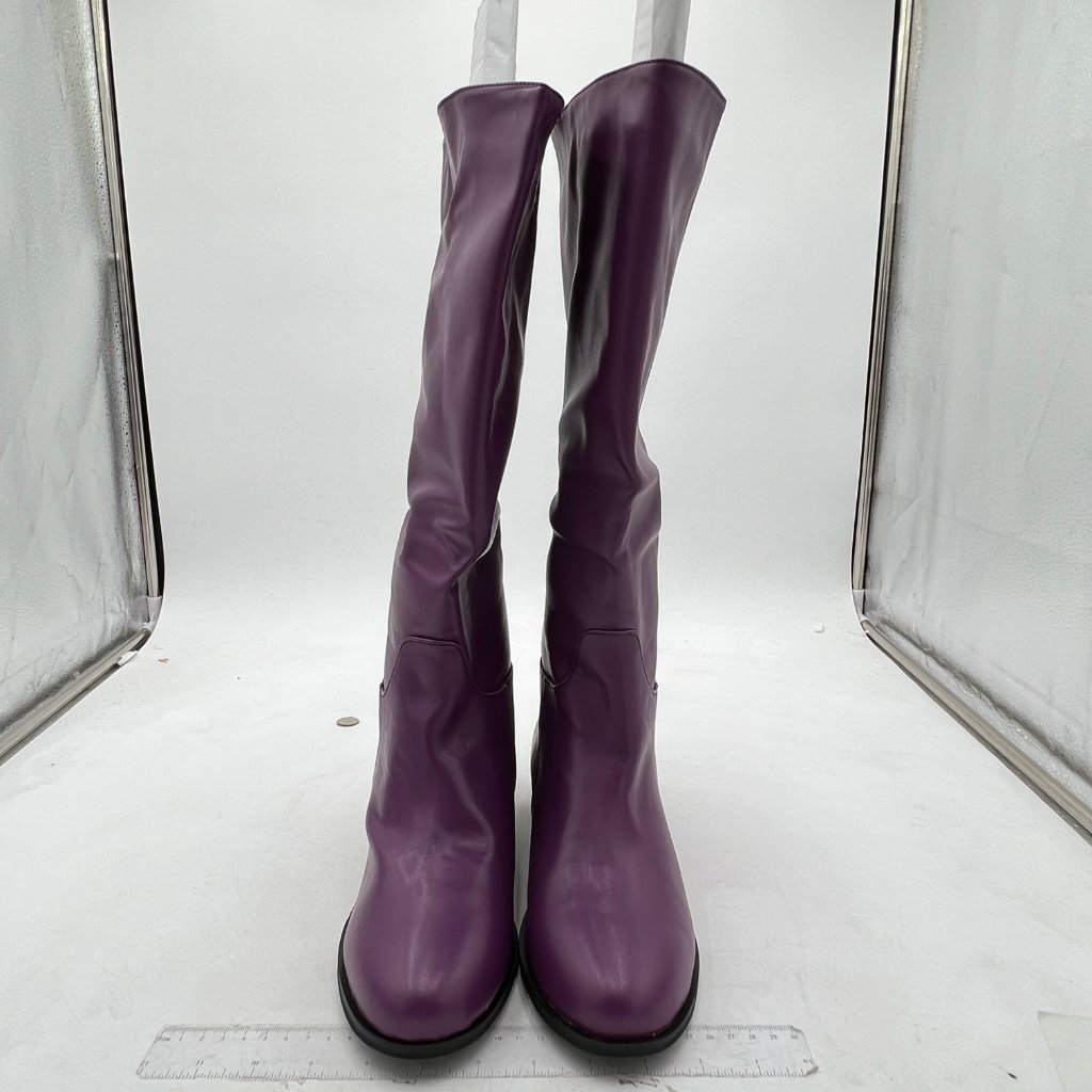 Purple Women Knee High Boots Round Toe Long Booties Block Low Heels Pull On Shoe